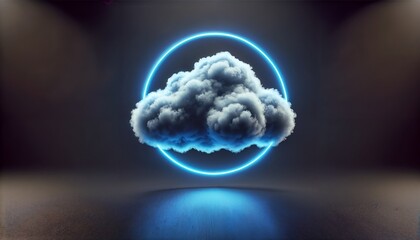 A digital cloud illuminated with blue neon light against a dark background
