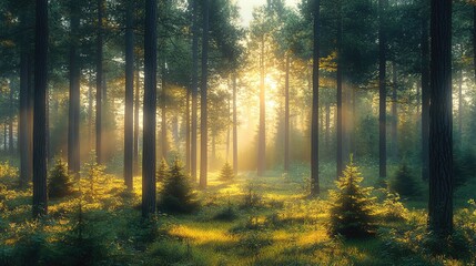 Fototapeta premium A serene forest scene with sunlight filtering through tall trees, enhancing the tranquil beauty of nature.