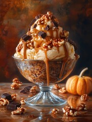 A delicious dessert featuring caramel ice cream, topped with chocolate, popcorn, and drizzled with caramel sauce.