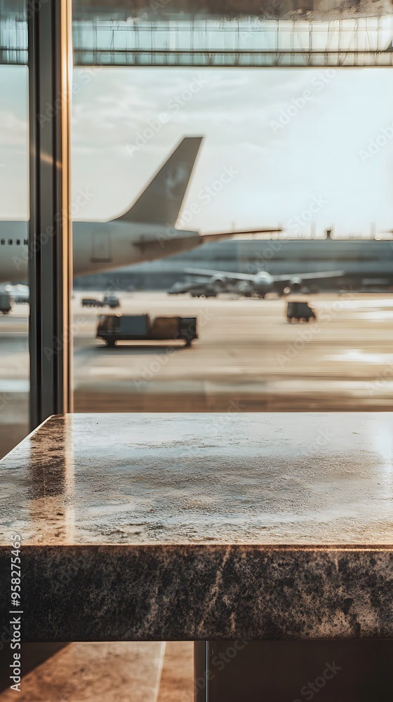 Aufkleber close-up of an empty table in an airport background for product display presentation template design