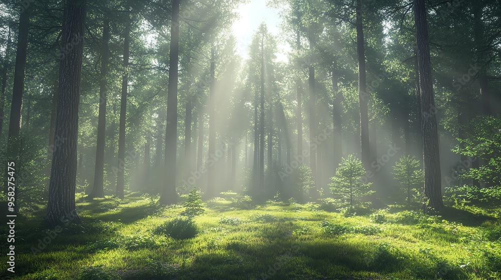 Poster a serene forest scene with sunlight filtering through trees, creating a peaceful atmosphere and illu