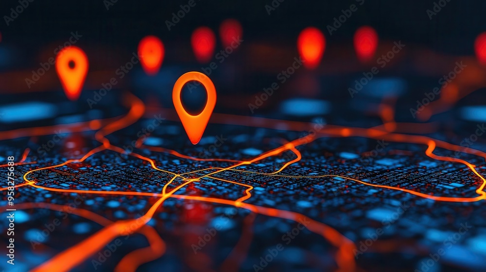 Poster digital map with points marking important internet information, internet points information, data-ri
