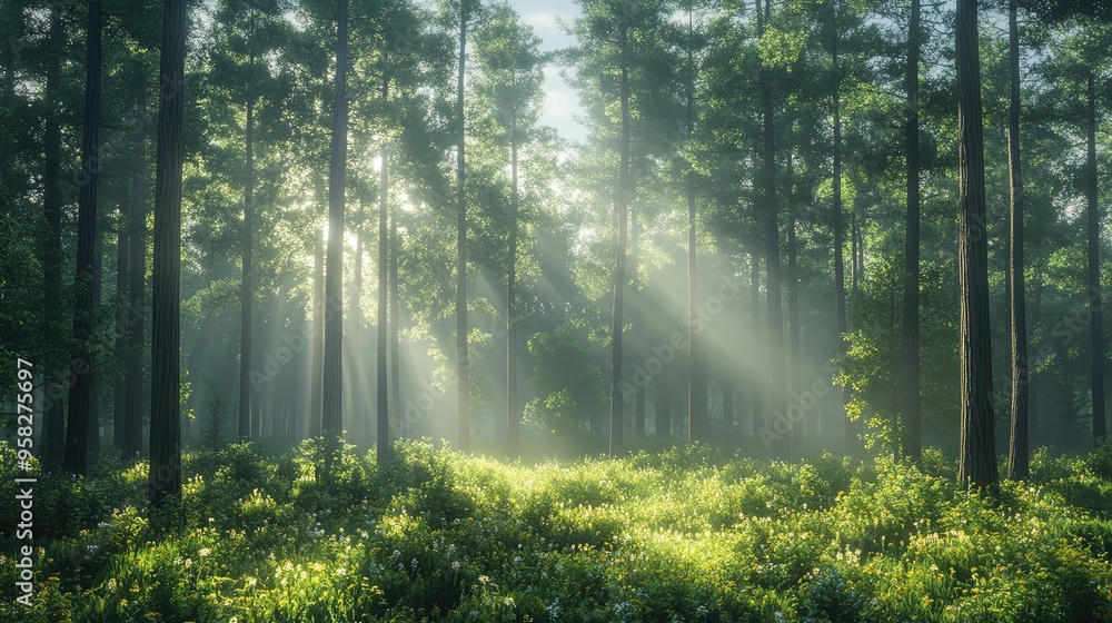 Poster a serene forest scene with sunlight streaming through tall trees, illuminating greenery and creating