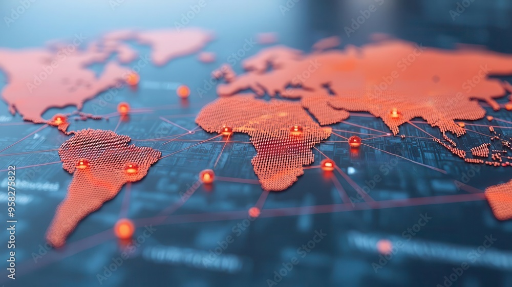 Poster digital map with points marking important internet information, internet points information, world m