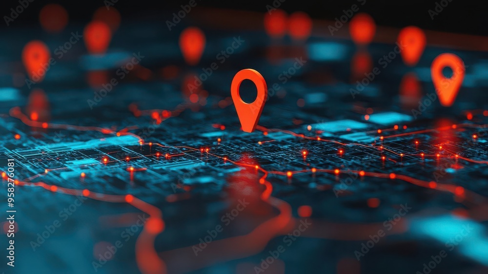 Poster Digital map with points marking important internet information, Internet Points Information, data-rich mapping, Digital map with glowing markers indicating location points. 