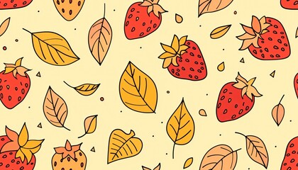 Seamless Pattern with Strawberries and Autumn Leaves on Light Yellow Background