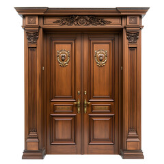 A classic wooden door with ornate brass handles isolated on transparent background (2)