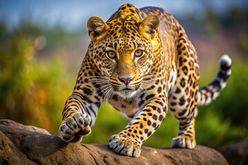 Naklejka premium cheetah in a hunting stance, ready to spring. Its slender, muscular body, with light yellow fur and black spots, blends into the surroundings. The cheetah lies low, eyes locked on its prey, ears alert