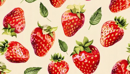 Fresh Red Strawberries and Green Leaves on Cream Background