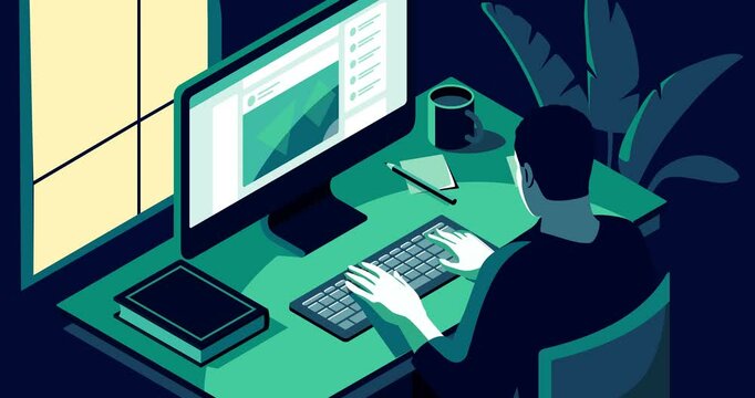 Freelancer works on computer. Moving banner with male programmer working remotely in home office. Remote employee or worker completes project or task at workplace. Isometric 3D Animated Graphics