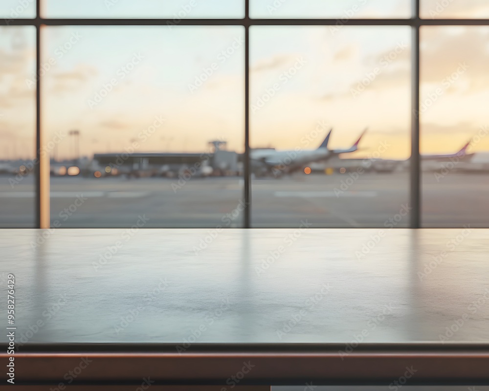 Aufkleber close-up of an empty table in an airport background for product display presentation template design