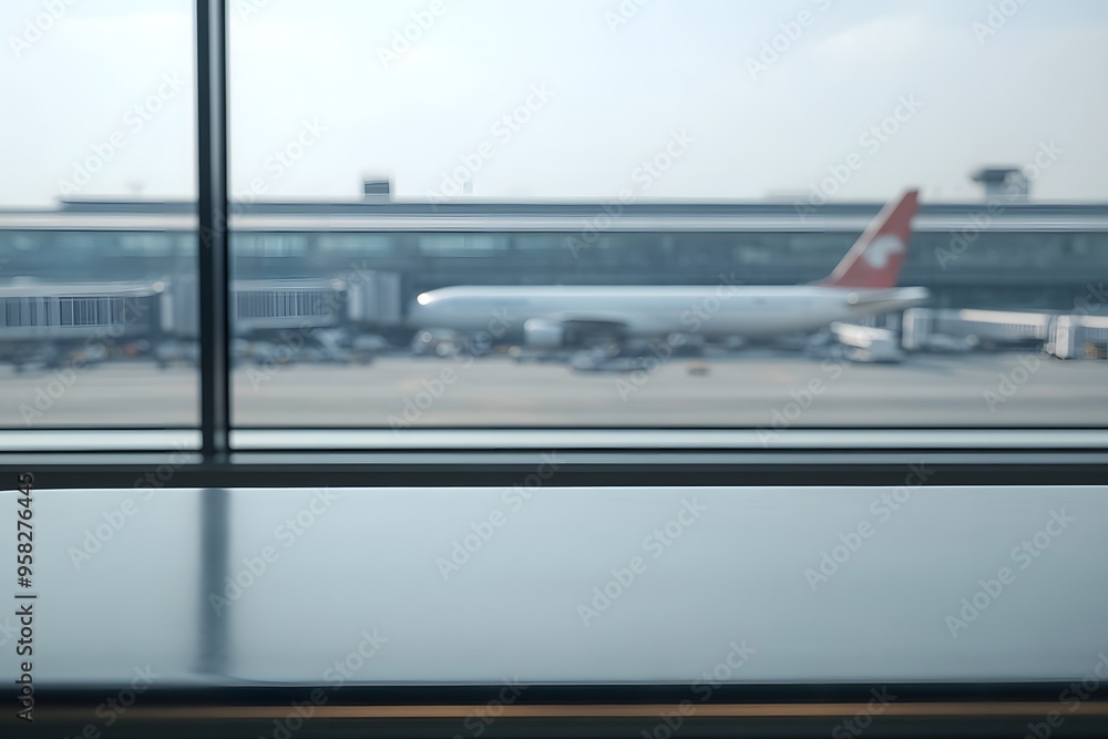 Aufkleber close-up of an empty table in an airport background for product display presentation template design