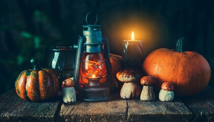 Halloween Properties on Old Vintage Desk for Halloween Background
