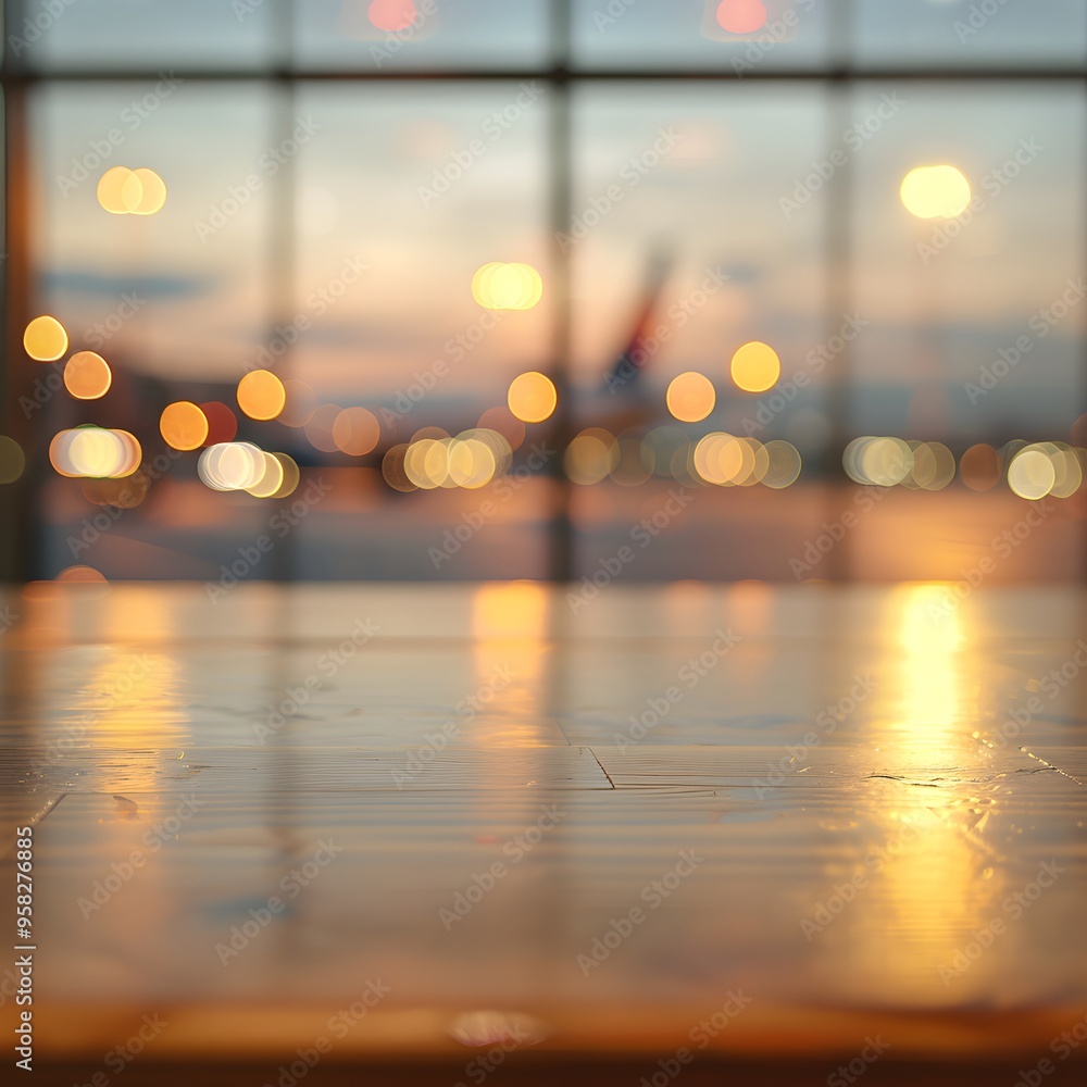 Aufkleber close-up of an empty table in an airport background for product display presentation template design