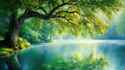 Obraz premium Enchanted lake with morning mist lush greenery