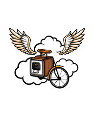 Create a surreal mashup of everyday objects like a camera, bicycle, and wings, floating on a cloud.