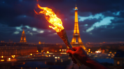 Obraz premium Burning torch in a hand of athlete as a symbol of the Olympic Games in Paris, France, Eiffel tower on background. Olympic games 2024 flame in Paris
