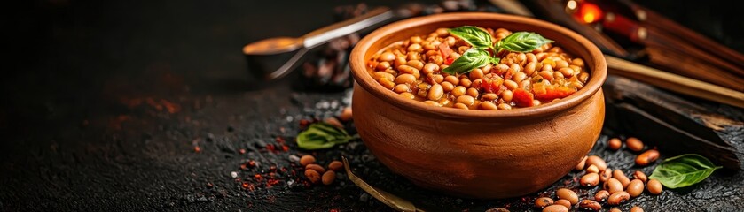 A vibrant bowl of cooked beans garnished with herbs, ideal for showcasing healthy cuisine and rustic dining styles.