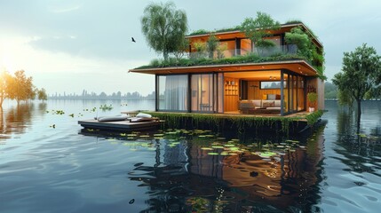 Obraz premium A house is floating on a lake with a lot of plants growing on it