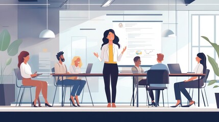 A confident businesswoman leading a team meeting in a modern office 