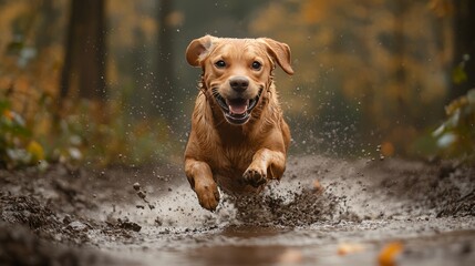Playful dog running through a muddy forest path with a joyful expression