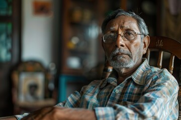 Obraz premium Thoughtful Indian Man in His Living Room, Gazing at a Photo Frame from His Rocking Chair