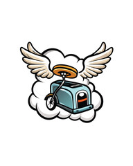 Surreal mashup of everyday objects, like a toaster with wings, a coffee cup with a bicycle wheel, a toothbrush with a flower, a shoe with a clock, a lamp with an eye, and a book with a mouth.