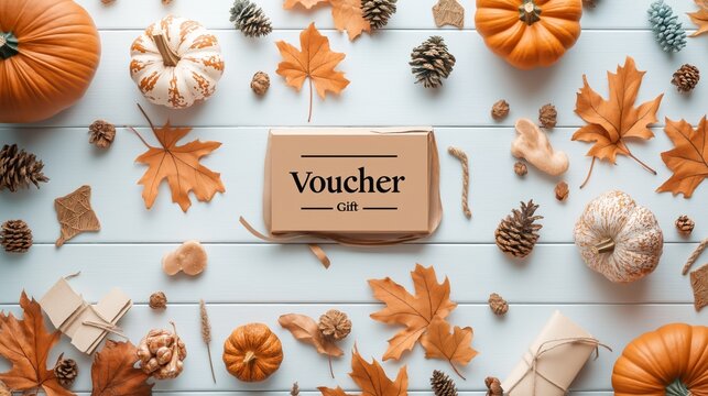 Gift voucher surrounded by pumpkins and leaves, festive seasonal autumn concept.