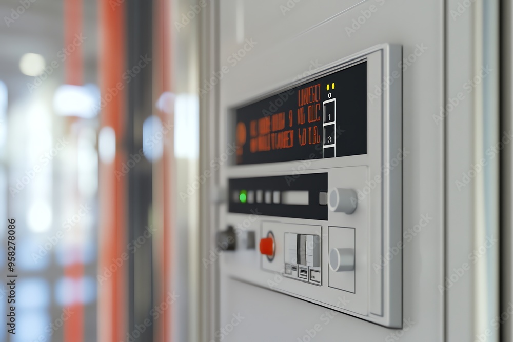 Poster closeup of a retro futuristic control panel with red text display