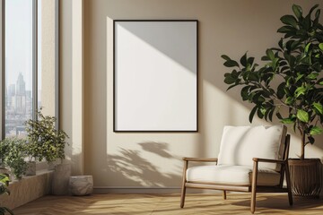Poster Frame in Beige minimalist living room interior created with generative AI