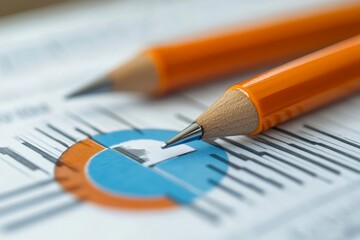 Data-Driven Decisions: Two sharpened pencils rest atop a financial report, emphasizing strategic analysis and planning in business.  
