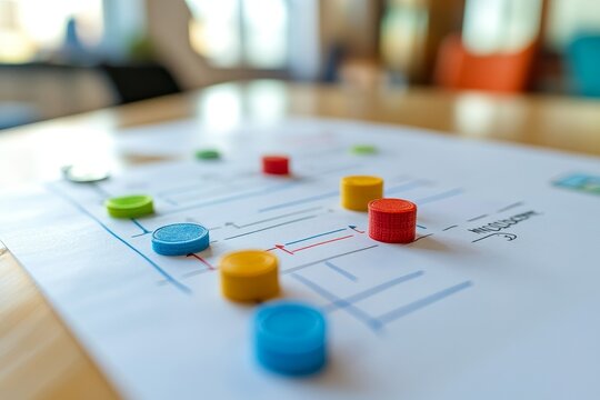 Colorful Strategy: A close-up view of a game board, featuring colorful markers strategically placed, hinting at a competitive game or a strategic planning session. The image evokes a sense of problem-