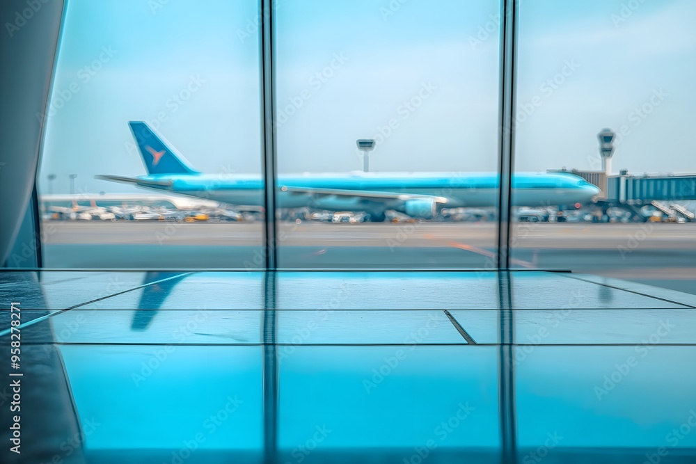 Aufkleber close-up of an empty table in an airport background for product display presentation template design
