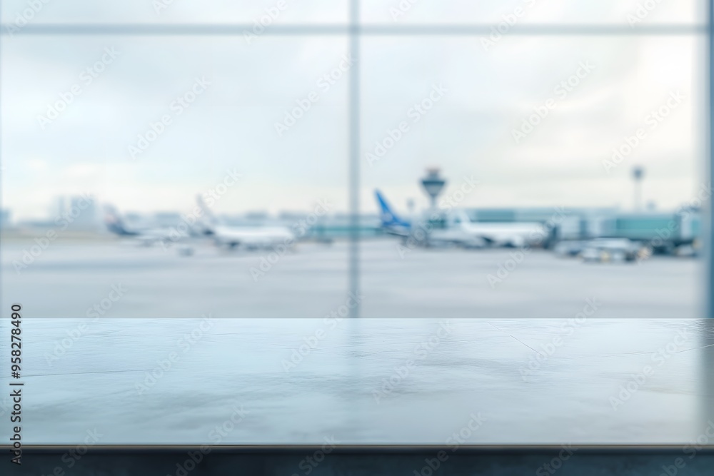 Aufkleber close-up of an empty table in an airport background for product display presentation template design