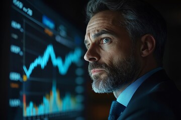 Strategic Vision: A seasoned businessman scrutinizes glowing financial charts in a darkened room, contemplating market trends with a look of focused determination. 