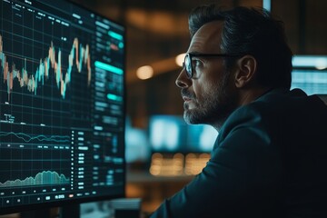 Fototapeta premium Businessman observing a falling interest rate graph with concern, economic downturn visualization --ar 3:2 --stylize 250 --v 6.1 Job ID: 66cc45ac-a0d1-4778-88d4-d443192c58ea