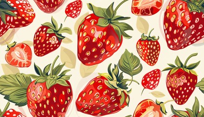 Vibrant Fresh Strawberries Pattern with Green Leaves on a Light Background