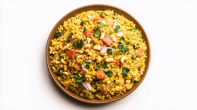 Top view of poha in plate garnished with peanuts