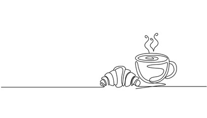 Croissant and coffee drawn in one line style.