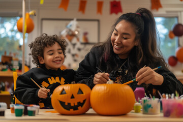 Family making pumpkins for Halloween in a craft workshop