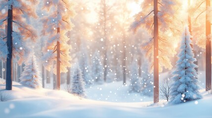 Snow-covered trees in winter forest with soft sunlight. Serene and tranquil winter landscape.