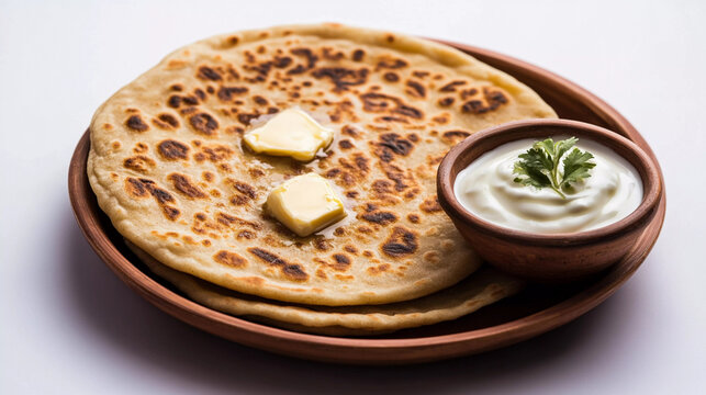 Butter paratha with yogurt isolated on white background, indian breakfast 