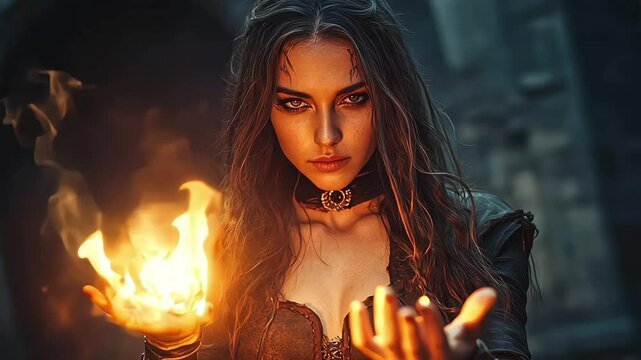 Dark and beautiful witch conjures on Halloween night. Fairy tales. Halloween magic