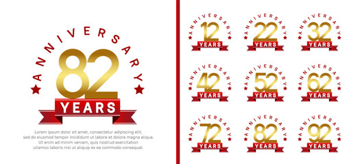 anniversary set logotype. vector design golden color with red ribbon can be use for celebration