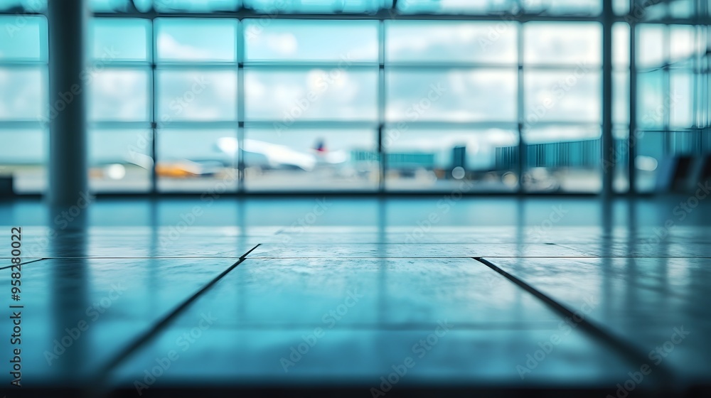 Aufkleber close-up of an empty table in an airport background for product display presentation template design