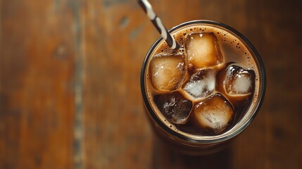 A top-down view of a perfectly crafted iced coffee, complete with ice cubes and a straw, resting on a wooden table, showcasing the simplicity and appeal of a cold brew. Plenty of space for copy.