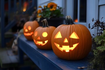 Glowing pumpkins lantern halloween. Generative AI.