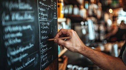 Close-up of a barista's hand writing daily specials on a chalkboard coffee menu. The focus is on the chalk in hand with the menu slightly blurred in the background.