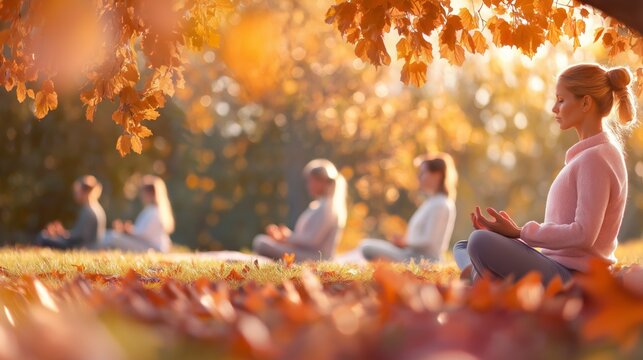 Group of yoga class in a park with autumn leaves, serene and tranquil atmosphere.
