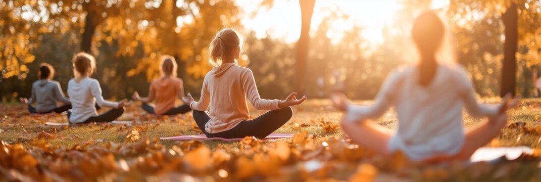 Group of yoga class in a park with autumn leaves, serene and tranquil atmosphere.